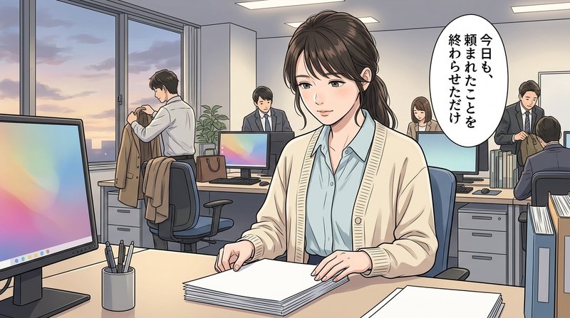 夕方のオフィスで自分にできることを言葉にできないミサキ（コマ1）