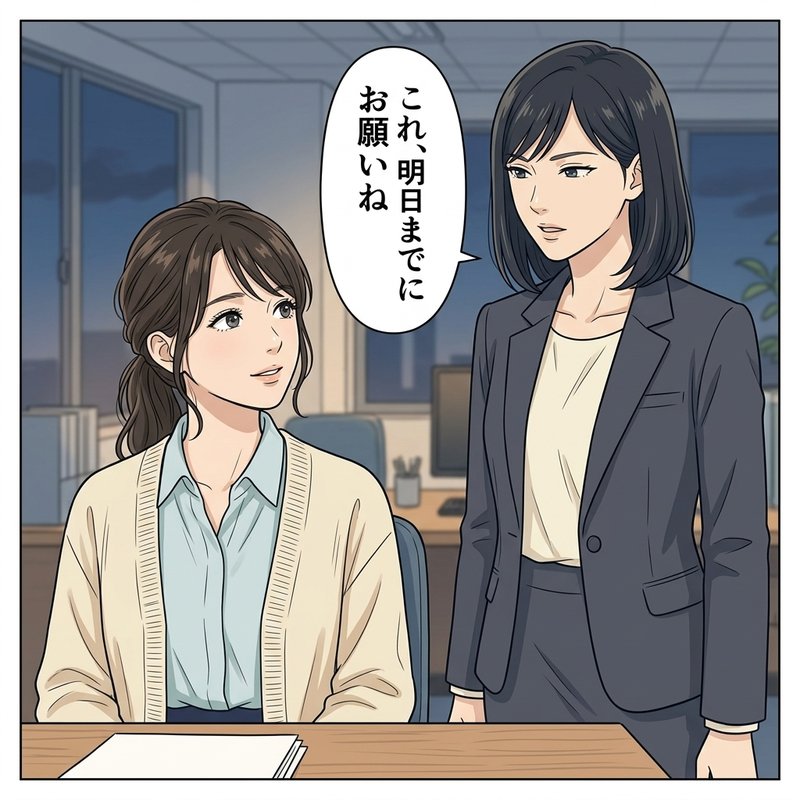 夕方のオフィスで自分にできることを言葉にできないミサキ（コマ2）
