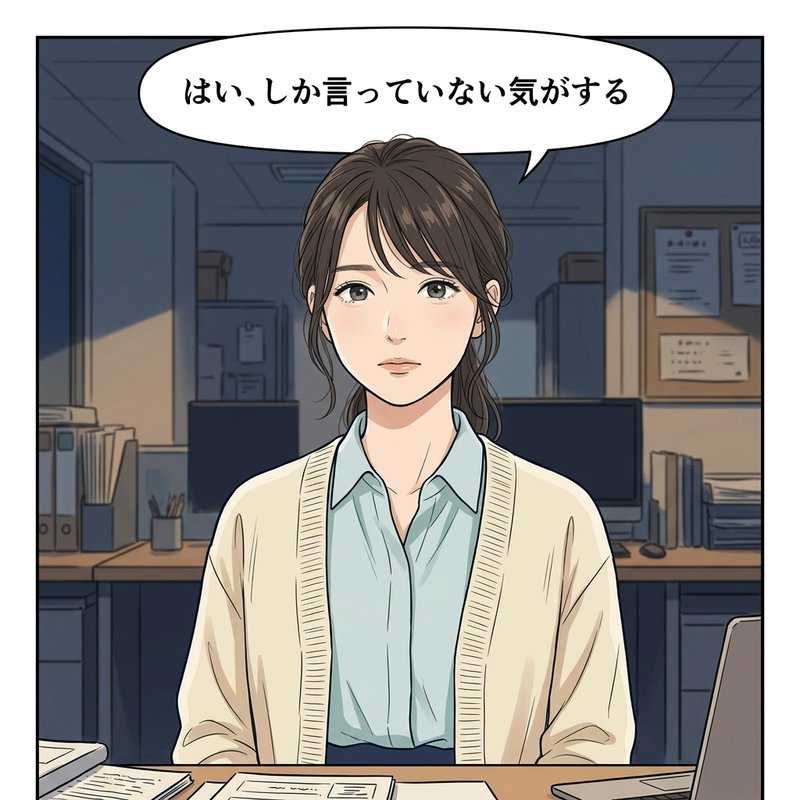 夕方のオフィスで自分にできることを言葉にできないミサキ（コマ3）