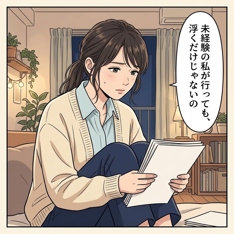 未経験で浮くのではと迷うミサキ（コマ3）