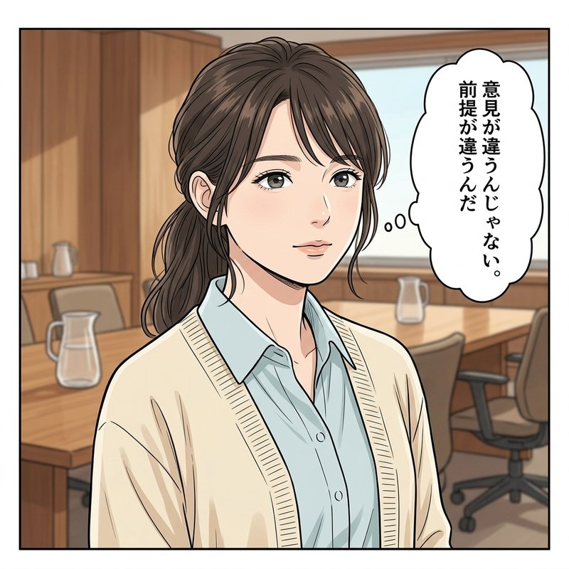 打ち合わせで目的から確認し直すミサキ（コマ2）
